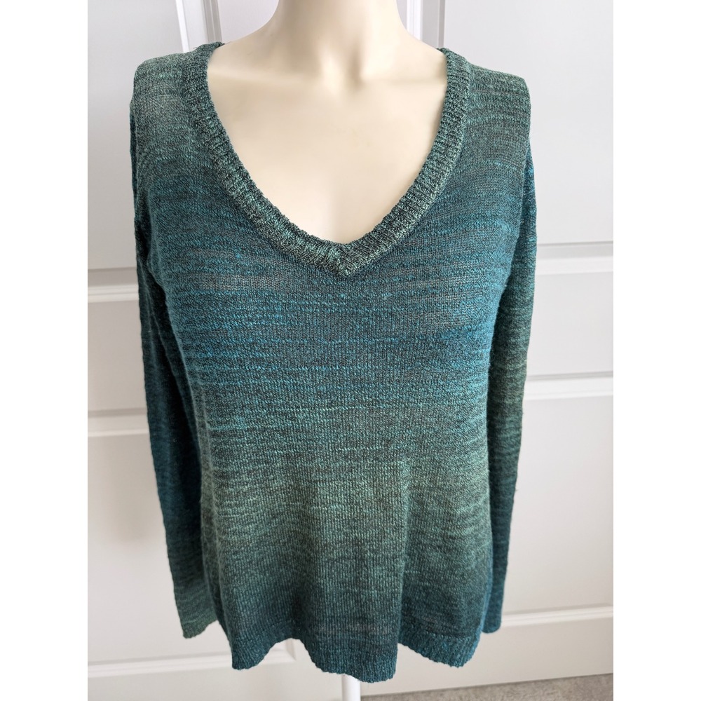 Prana Women Teal Green Space Dye V-Neck Crossover Tulip Back Knit Sweater Medium